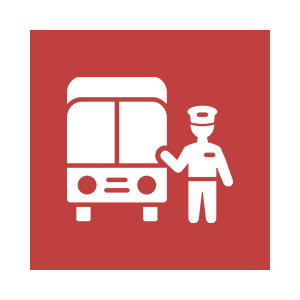 Weekend Shuttle Rides Bus driver icon on red background.