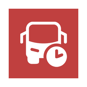 Bus icon with clock on red background.